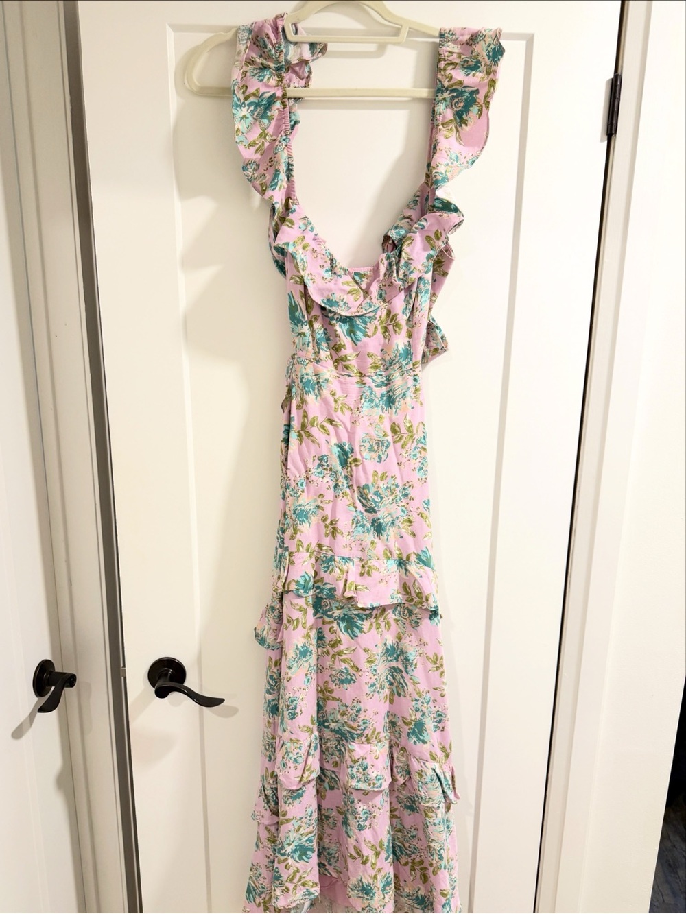 Astr Pink Floral Ruffle Maxi Dress with Teal Green Print